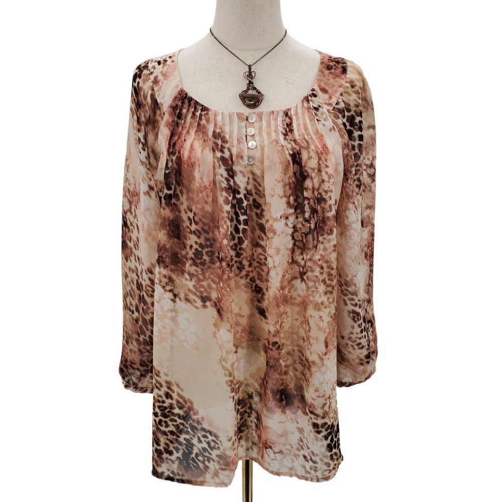 Chico's Womens Leopard Animal Print Blouse Top Sz 1 (M) Brown‎ 3/4 Sleeve Career